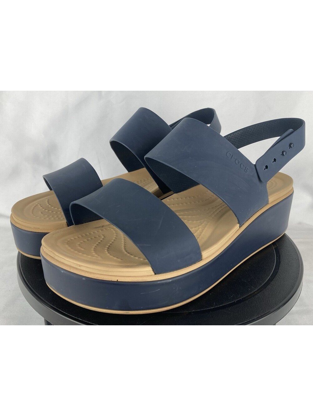 Women’s Size 10 Crocs LiteRide Wedge Sandals Navy Blue Tan Strap Comfort Shoes